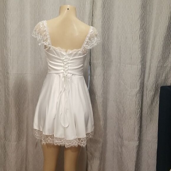 Women's Satin Lace Strap Mini Dress Square Neck Flowy A-Line Ruffle Swing Casual - Picture 3 of 15